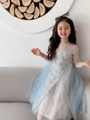 Ya'S｜【Elsa Benza】Girls' Frozen Princess Dress Flower Girl Dress Sequin Dress with Long Cape
