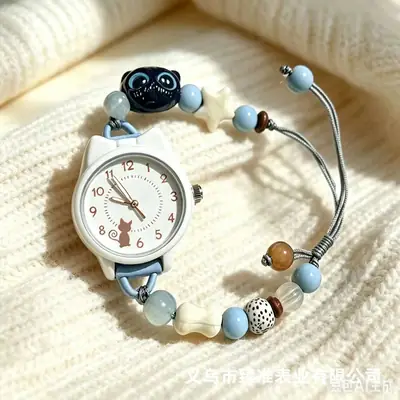 Cute Cat Beaded Bracelet Watch for Women, Ins Style Niche Student Quartz Watch, Adjustable, Cross-Border Wholesale