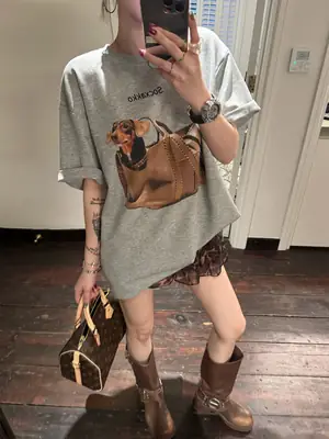 Pure Cotton Short-Sleeve T-Shirt for Women, 2026 New Style, Plus Size, Creative Design with Dog Print, Loose Half-Sleeve Top