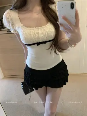 Jianmanni French-Style Lace Puff Sleeve Short-Sleeve T-Shirt for Women, Summer Spicy Girl Pure Desire Slim-Fit Square-Neck Top