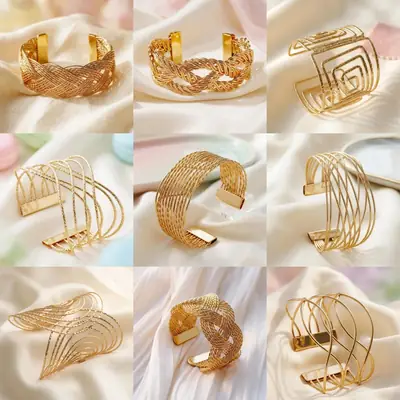 Hollow Wave-Shaped Korean-Style Multi-Layer Metal Arm Bracelet, European and American Cross-Border Minimalist Style Bracelet, New Light Luxury Elegant Bracelet for Women