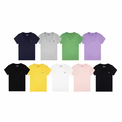 Cross-Border Rl Women's Slim-Fit Summer Solid Color Pony Embroidery V-Neck Short-Sleeve T-Shirt Hot Girl Pure Cotton Women's Top