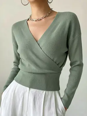 Cross-Border Popular Women's Knitwear, Long-Sleeved, Solid Color, Fashionable, Cross-Neck, Waist-Cinching Design, Simple and Flattering