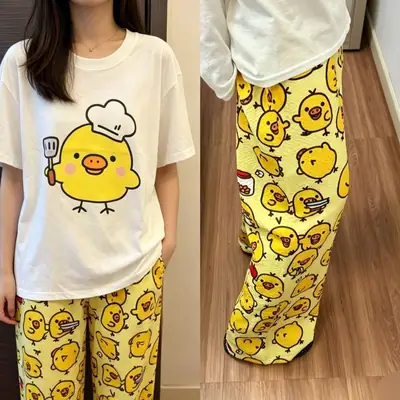Round Neck Top + Cloud Cotton Long Pants Fashion Set for Women, Cartoon Nose-Picking Chicken Pure Cotton Short-Sleeve Student Casual Pajamas