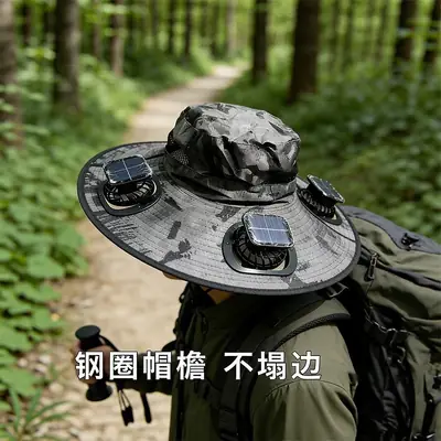 Solar Fan Sun Hat for Men, Summer Outdoor Fishing Sun Protection Large Brim Fisherman Hat, Camouflage Breathable Sun Protection Hat
