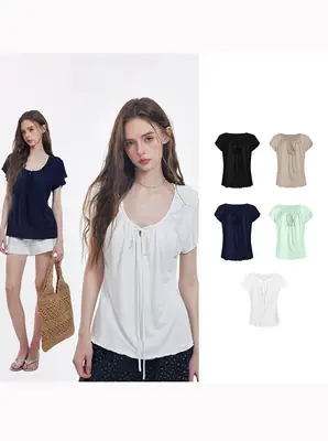 Korean-Style New Design with a Gentle and Relaxed Feel, Bow Tie Waist-Cinching Slim-Fit Short-Sleeve T-Shirt Top