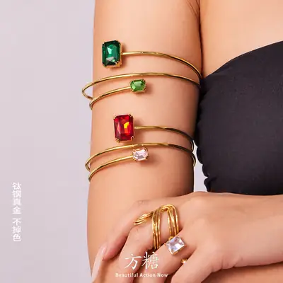 Geometric Paperclip Square Zircon Arm Bracelet, Cross-Border European and American Style, Open Design, Unique and Versatile, Gold-Plated Bracelet