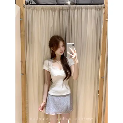 In-Stock 210g Fine Cotton Spliced Design Waist-Cinching Slimming Lace Short-Sleeve T-Shirt for Women, Summer Spicy Girl Style, Short Pure Desire Style