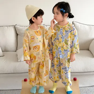 Children's Cotton Silk Home Clothes, Boys' and Girls' Artificial Cotton Pajamas Set, Boys' and Girls' Cardigan Cotton Silk Air-Conditioning Clothes Pajamas