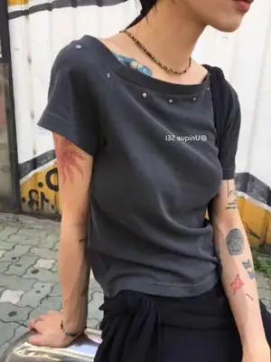 Korean-Style Summer Star-Studded Asymmetrical Off-Shoulder Slim-Fit Versatile Short-Sleeve T-Shirt Top for Women