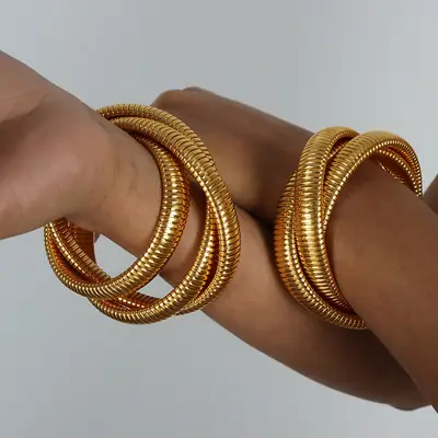 Cross-Border Hot-Selling Chunky Metal European and American Hip-Hop Trendy Three-Layer Interlocking Threaded Bracelet Wholesale Jewelry