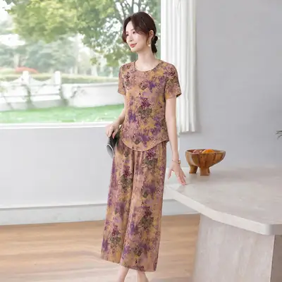 New Chinese-Style Summer Outfit for Mothers: Silk Satin Xiangyunsha Short-Sleeve Shirt Set, Plus-Size Pants Two-Piece Set for Middle-Aged and Elderly Women