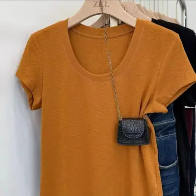 Summer Bamboo Cotton Raglan Collar Trendy U-Neck Simple Versatile Short-Sleeve T-Shirt for Women, Elegant Slim-Fit Versatile Top