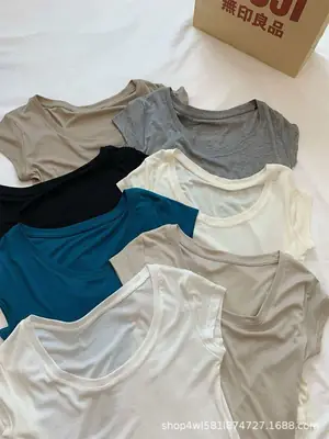 Tencel Short-Sleeve T-Shirt for Women, Summer Thin Style, Trendy Outerwear with a High-End Feel, Round Neck Slim-Fit Ice Silk Top