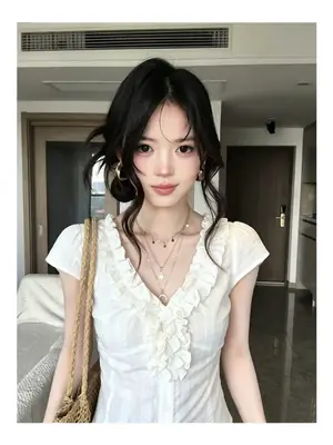 Fashionable French-Style Ruffled V-Neck Short-Sleeve Shirt for Women, Summer White Slim-Fit Stylish Top with a Pure and Alluring Vibe, Ins Style