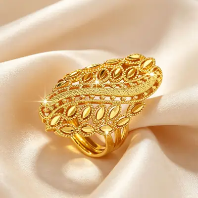 Non-Fading Cross-Border Vietnamese Sand Gold Ancient Style Filigree Hollow Leaf Pattern Adjustable Ring Brass Plated with 24K Gold