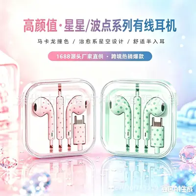 Customized Water Transfer Printing Polka Dot Star Pattern Wired Earphones with Microphone Type-C for Mobile Phones Wholesale