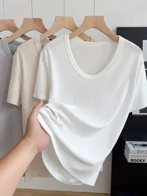 U-Neck Lyocell Linen T-Shirt for Women, Regular Shoulder Short-Sleeve Loose Thin Top, 2026 Summer New Style, Base Layer