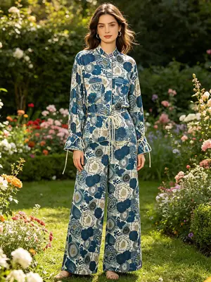 Cross-Border European and American Fashion Aliexpress Hot-Selling Silk Satin Floral Shirt + Silk Satin Floral Pants Set