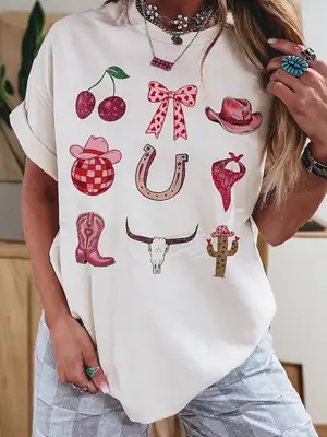 Summer New Style Round Neck Pullover Women's European and American Sweet Cool Style Printed Oversize T-Shirt for Women Dropshipping