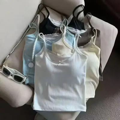 Pure Desire Bowknot Lace Camisole for Women with Built-In Chest Pads, Beautiful Back Design, Sleeveless, Versatile for Layering or Wearing Alone, Summer Top