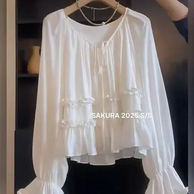 2026 New French-Style Ruffled Tie Flare-Sleeve Blouse for Women, Summer Loose Slimming Shirt Top