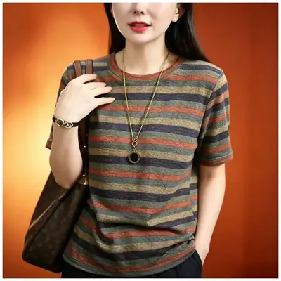 Dropshipping 2026 Summer New Fashion Striped Slim-Fit Women's T-Shirt Short-Sleeve Stretchy Base Shirt for Women