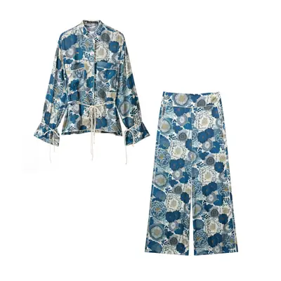 Trendy Silk Satin Shirt and Pants Set with Floral Design, Aliexpress Quality, European and American Style Silk Satin Women's Clothing, Cross-Border Quality