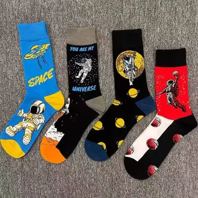 Happysocks Trendy Brand Socks Astronaut Mid-Calf Socks Men's Cartoon Astronaut Planet Large Size Colorful Socks