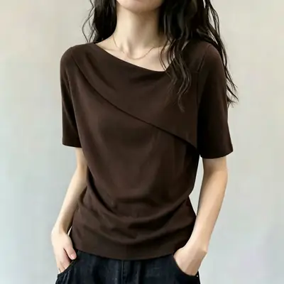 Chic Design with a Unique Shoulder Cut and Asymmetrical Neckline, Short-Sleeve T-Shirt for Women, New Summer Style, Loose Fit for Plus-Size, Slimming, Versatile, Age-Reducing Top