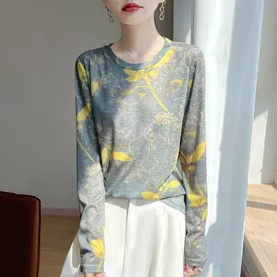 2026 Spring/Summer Women's New Short Round Neck Loose Fit Printed Long Sleeve Pattern Design Versatile Sun Protection Base Shirt Top