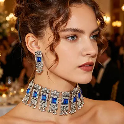 Cross-border bestseller: Exaggerated square diamond earrings and necklace set, vintage ethnic style, luxurious earrings, simple choker accessory