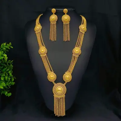Cross-border heavy-duty tassel jewelry two-piece set, gold-plated long necklace and earrings, Middle Eastern and African wedding and banquet set