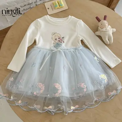 Ningli Girls' Elsa Princess Dress, New Autumn Collection, Spring/Autumn Dress for Babies and Little Girls, Autumn Elsa Dress