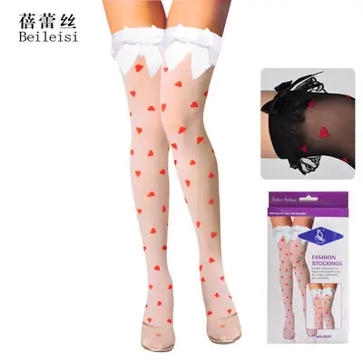 Beileisi sexy fashion bow lace red love high tube stockings