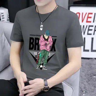 Men Printed T-Shirt Grey Summer Loose Fit