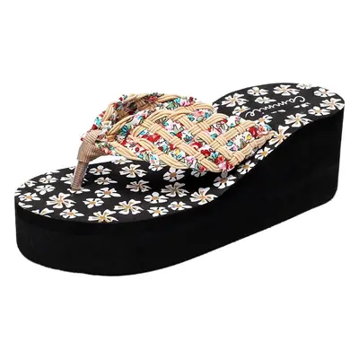 New Summer Products, Small Floral High-Heeled Flip-Flops, Wedge-Heeled Women's Slippers, Popular Platform Sandals, Factory Wholesale