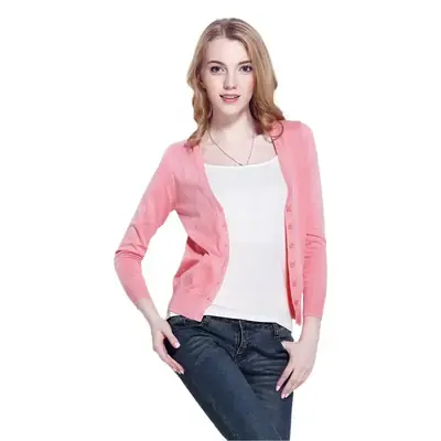 Pink V-Neck Knit Cardigan Women Long Sleeve