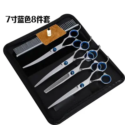 Pet Scissors Set 8 Pcs Curved Flat Cutter Blue