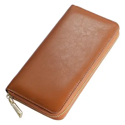 Cross-border spot new oil wax grain cowhide ladies zipper wallet long genuine leather large capacity handbag Long Fortune cloth