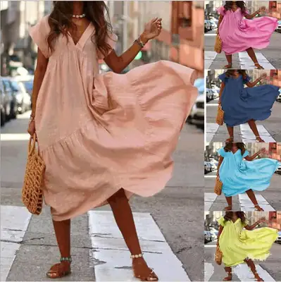 2022 V-Neck Irregular Long Swing Dress Peach