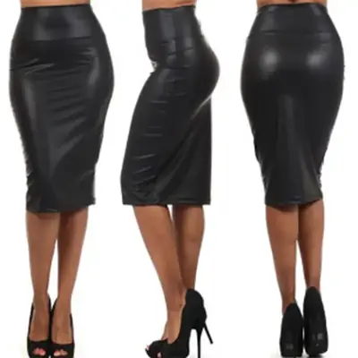 European American Style Leather Hip-Hugging Knee Length Skirt
