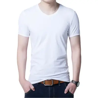 Men White V-Neck Slim Fit T-Shirt Lycra Cotton