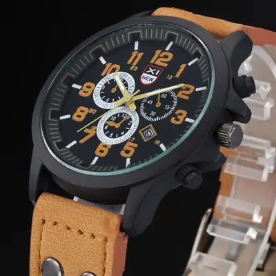 Men's Chronograph Quartz Watch Brown Leather Belt