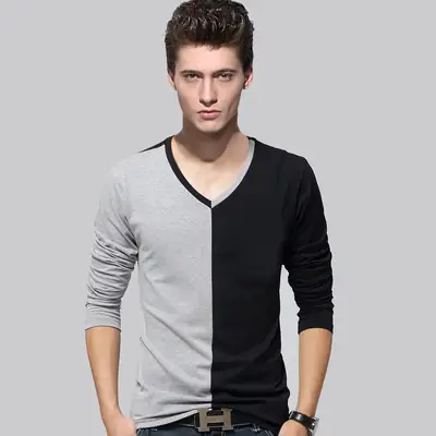 Men Geometric V-Neck Long Sleeve T-Shirt Black Grey