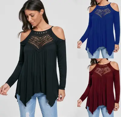 Blue Cold Shoulder Long Sleeve T-Shirt for Women