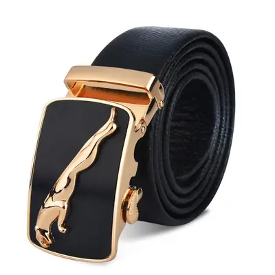 Men's Black Automatic Buckle Leather Belt with Gold Plated Design