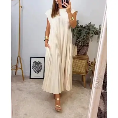 Blue Pleated Round Neck Summer Dress for Women