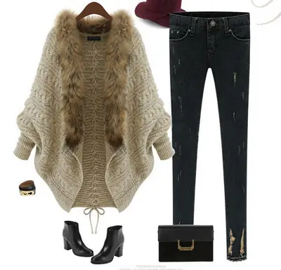 2025 Knitted Fur Collar Sweater Jacket Black Large