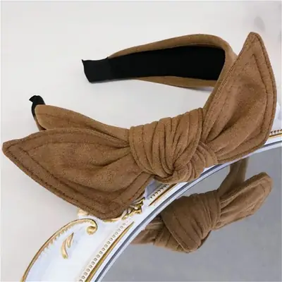 Korean Style Bow Headband for Women Brown Velvet